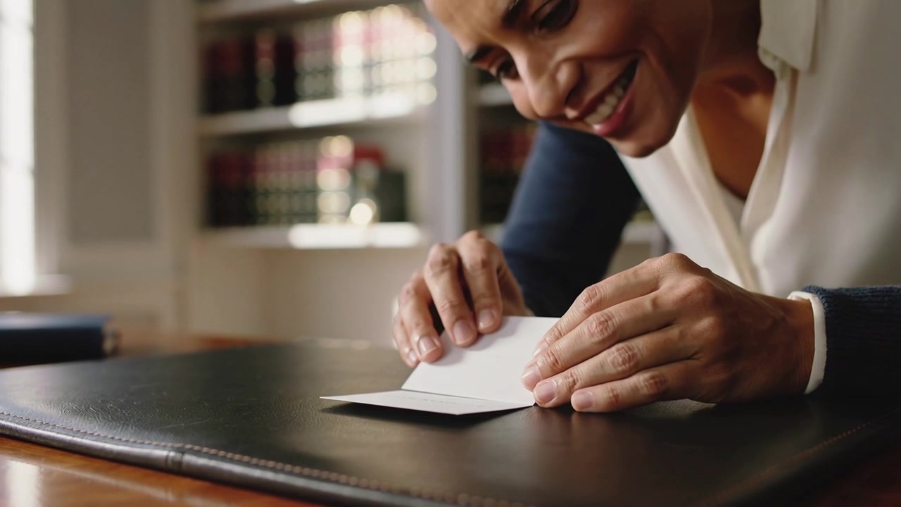 Una donna in camicetta da ufficio che posiziona una carta, liscia, apre e legge un messaggio su un sottomano nero in ufficio