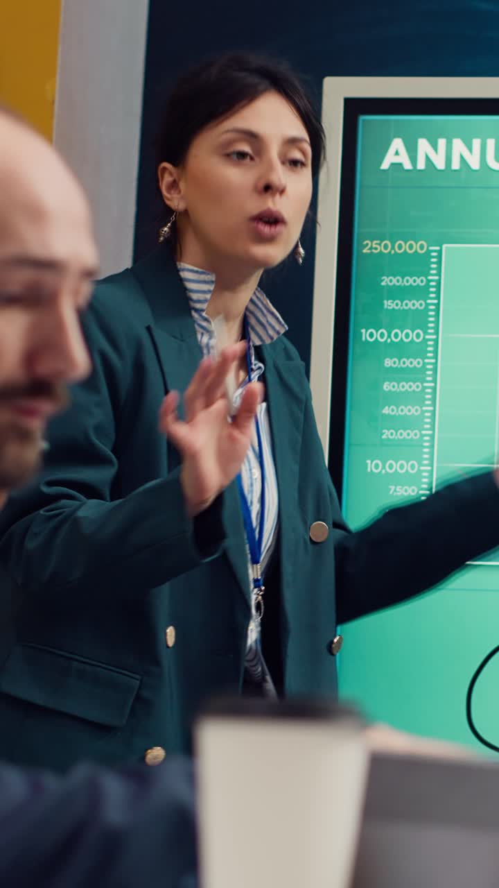 Businesswoman Presenting Annual Report and Financial Data in Office Meeting
