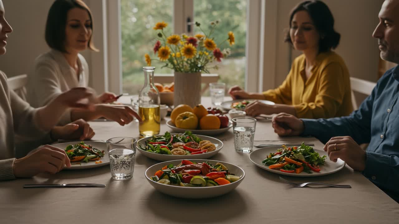 A Warm Gathering Around the Dinner Table: Friends Enjoying Healthy Meals and Lively Conversations Amidst Fresh Salads and Vibrant Flowers