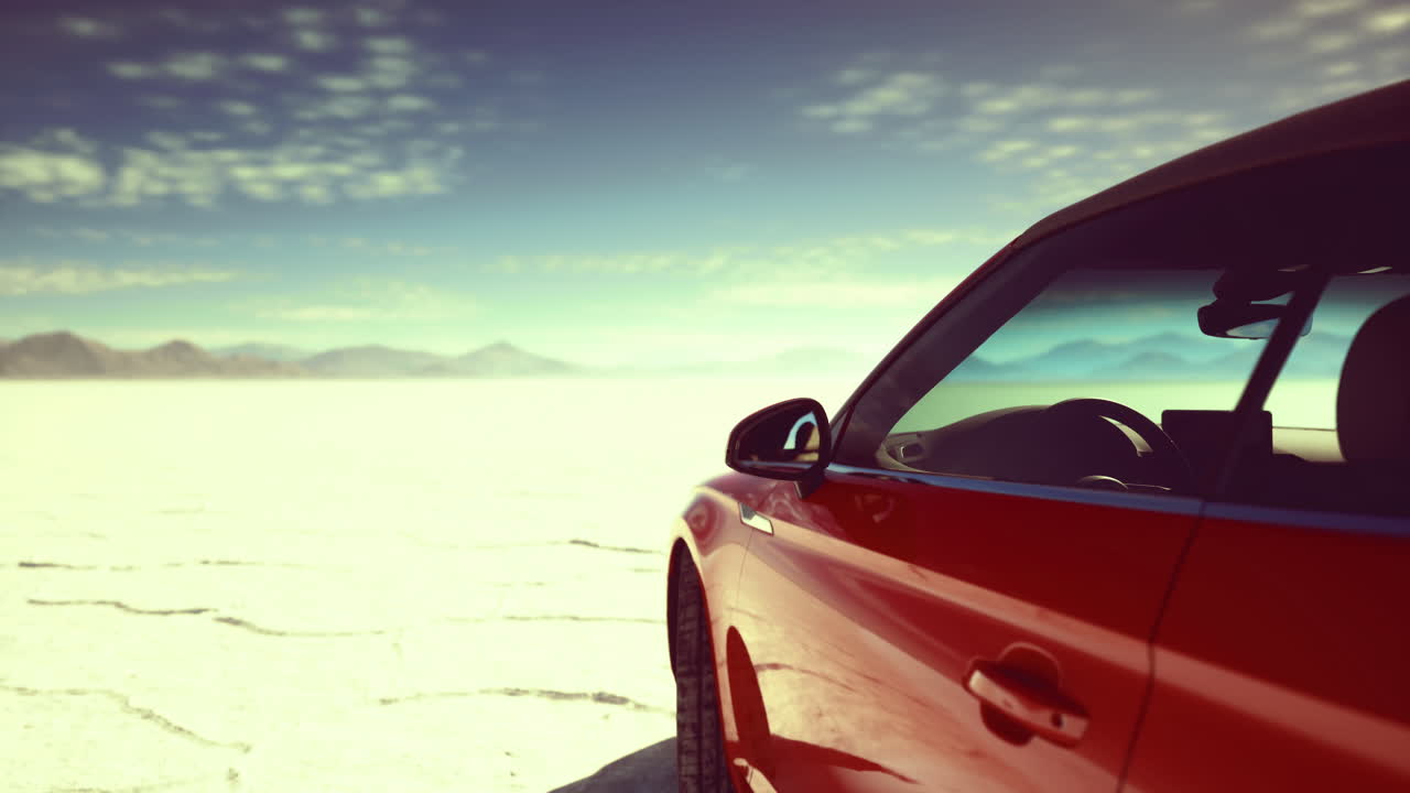 Auto rossa vivace parcheggiata su vaste saline sotto un cielo azzurro limpido