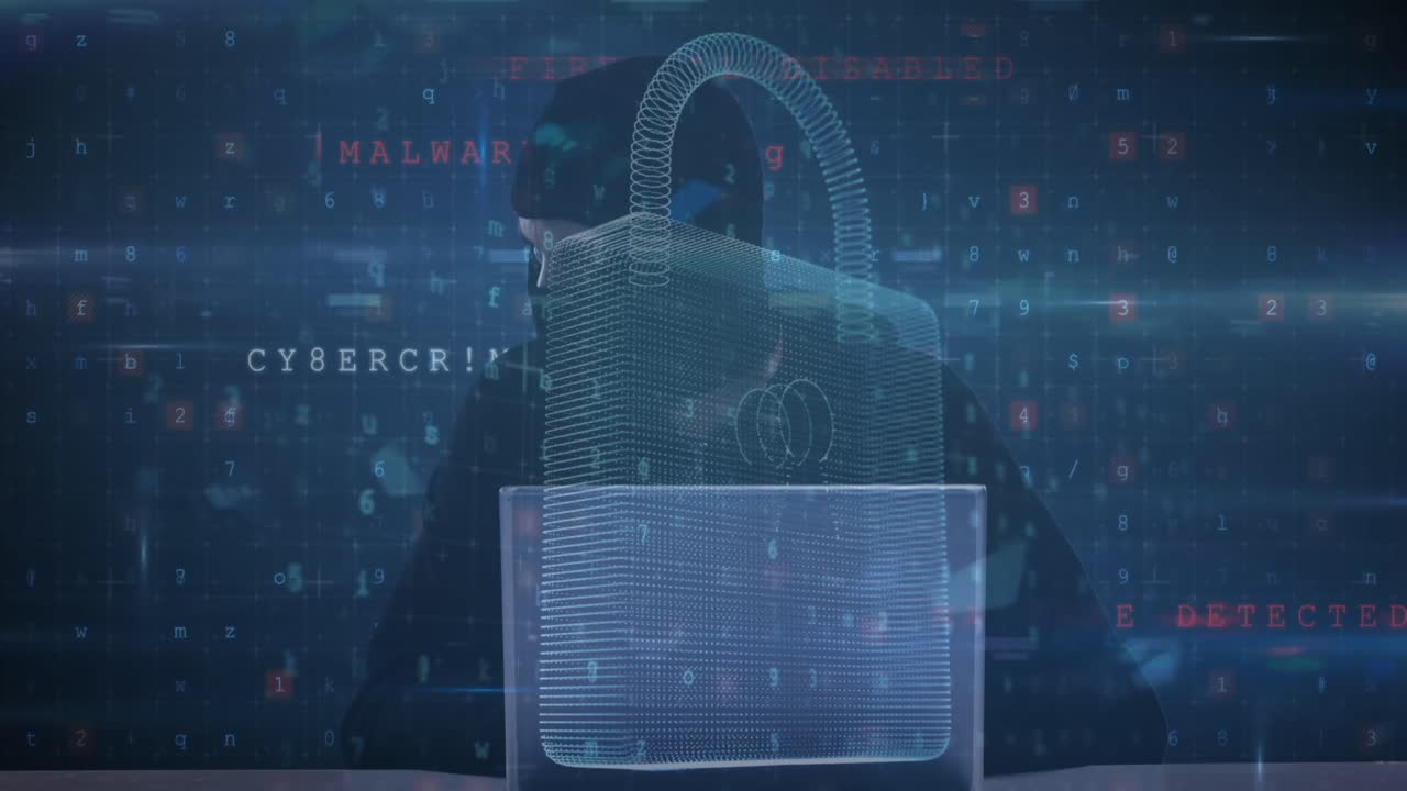 Animation of changing numbers, letters and padlock over hacker using computer