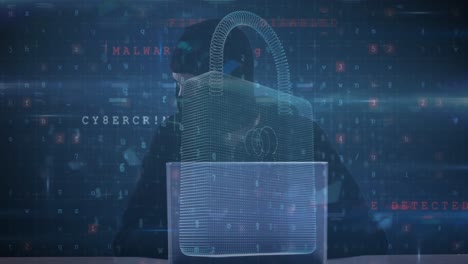 animación de números cambiantes, letras y candado sobre hacker usando computadora
