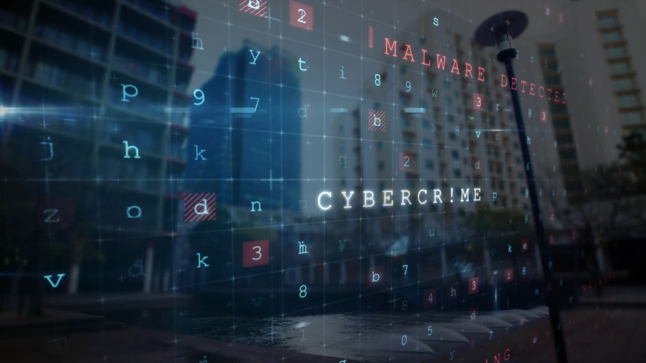 Transparent digital overlay showing cybercrime grid with malware detected alert over urban plaza