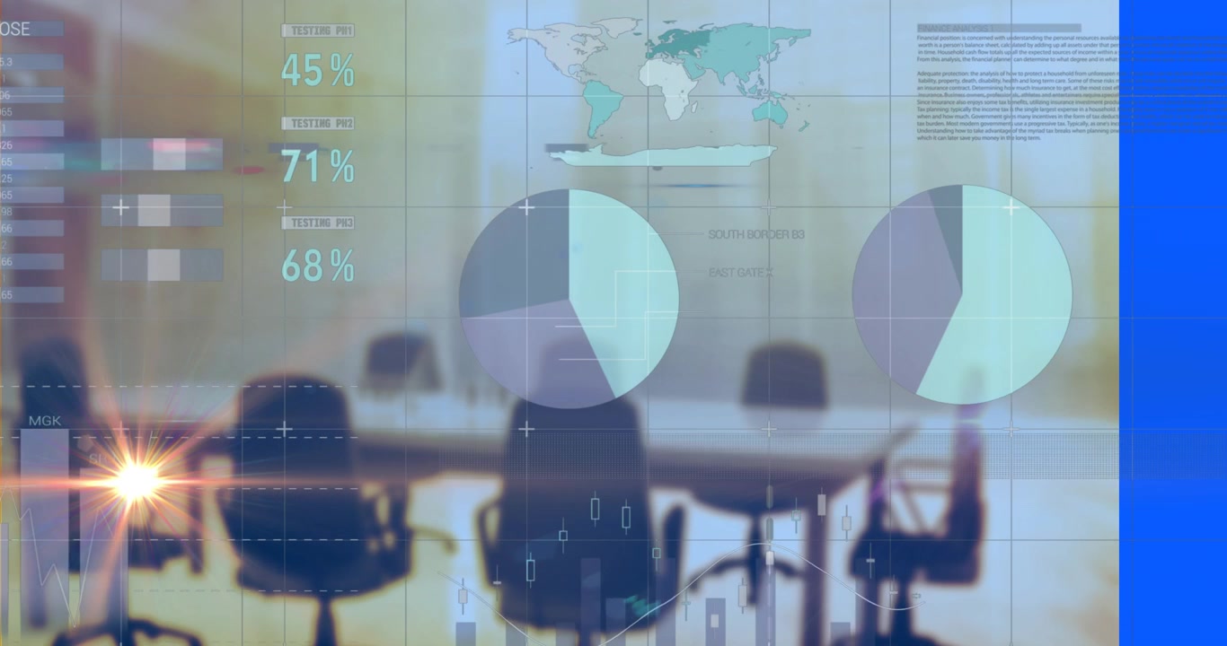The animation shows blue business statistics moving towards the left against a green screen
