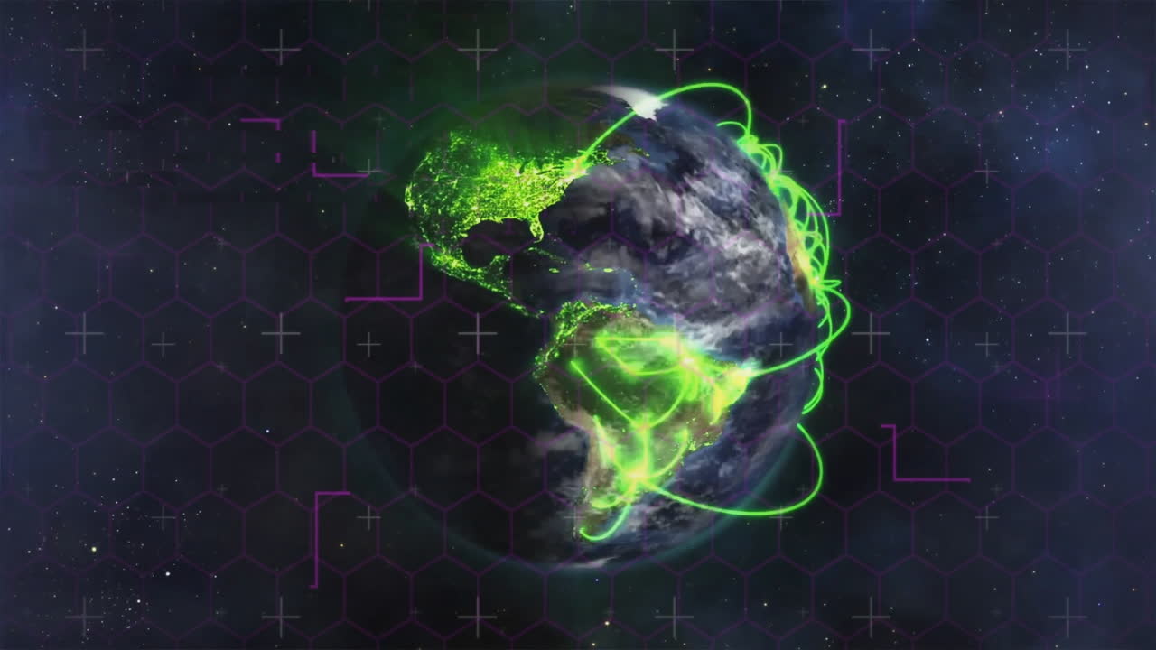 Glowing green lines forming digital connections over rotating Earth in animation