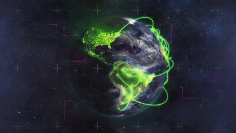 glowing green lines forming digital connections over rotating earth in animation