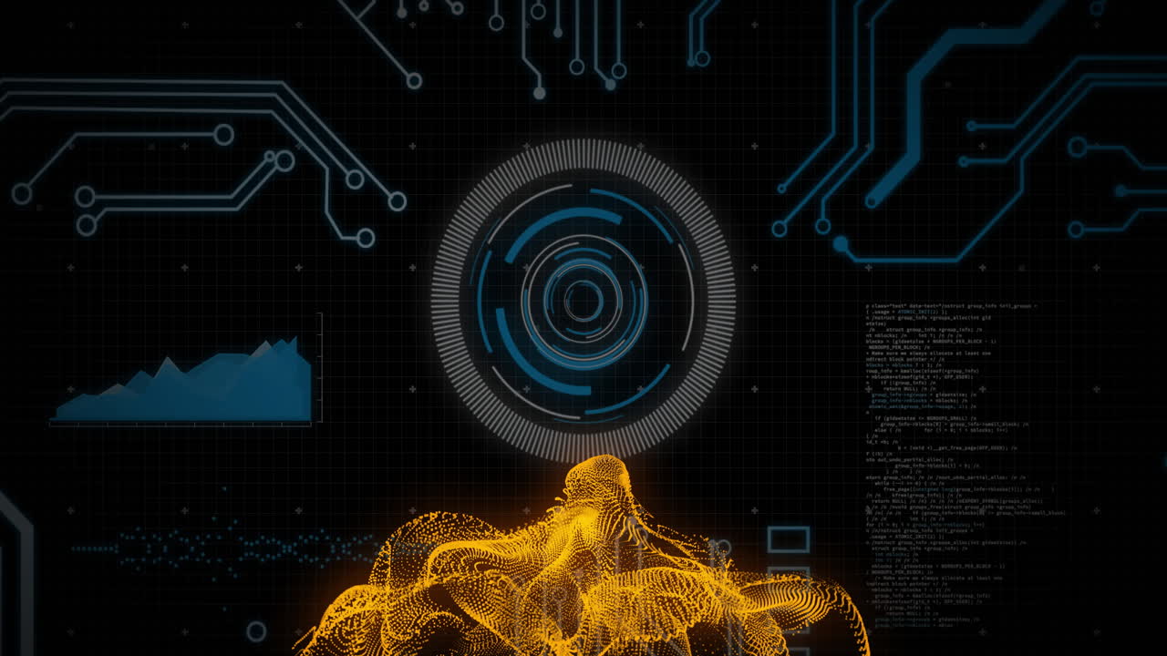 Digital circuit patterns and data processing over abstract animation of yellow waves