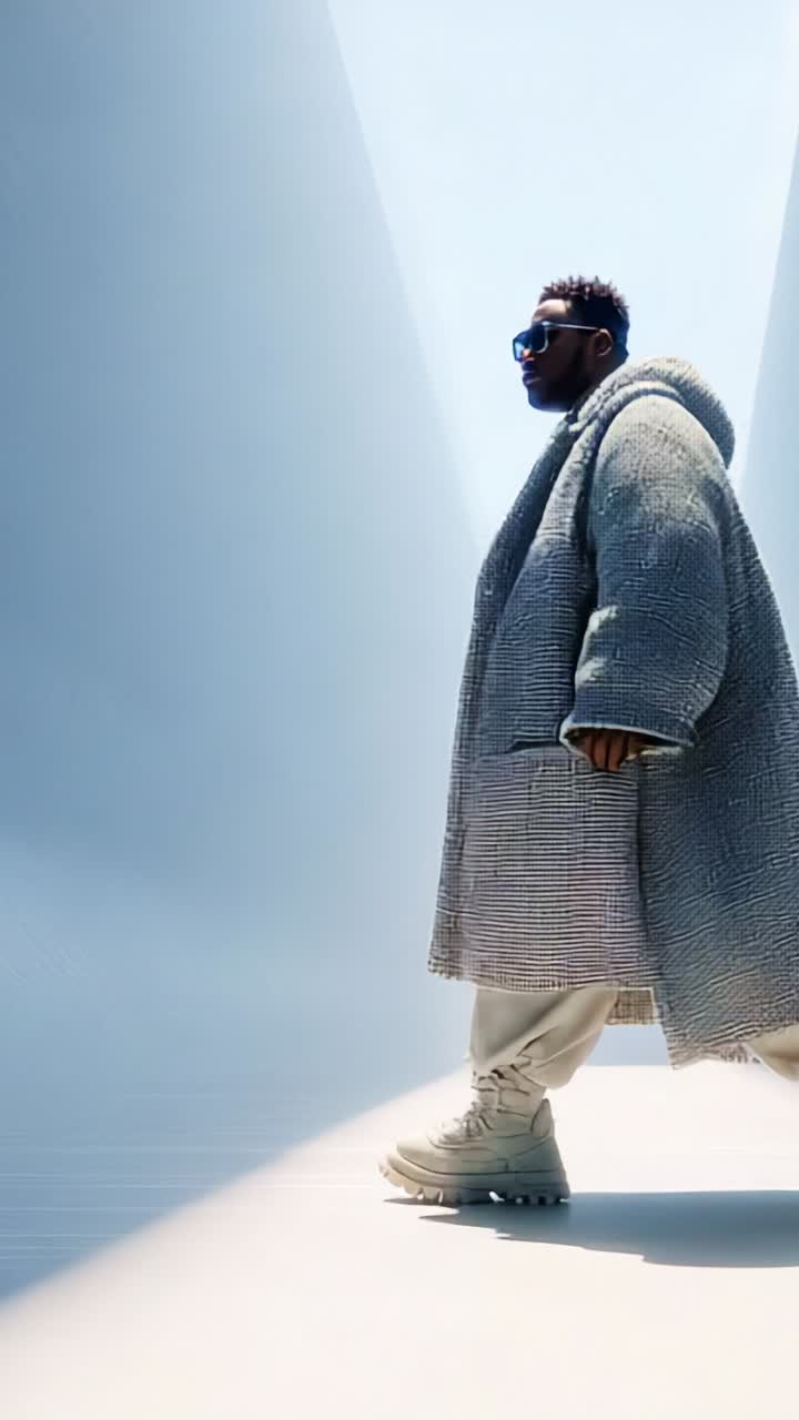 A Stylish Individual in a Cozy Oversized Coat Walking Through a Dramatic Lighted Pathway, Capturing Fashion and Presence in a Modern Setting