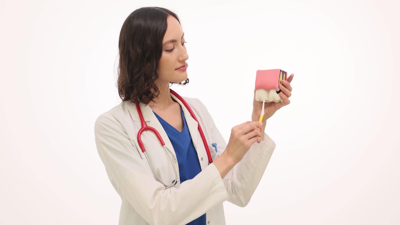 Female Doctor Demonstrating Oral Hygiene with a Dental Model and Toothbrush