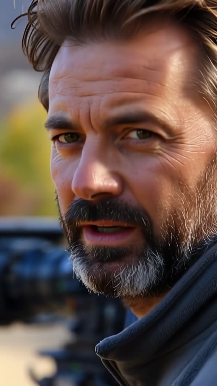 Uomo con la barba incolta gira lentamente la testa. La luce del sole coglie i suoi capelli arruffati e la barba. La sua espressione mostra una tranquilla concentrazione e pensosità. Ideale per scene di contemplazione o interviste all'aperto.
