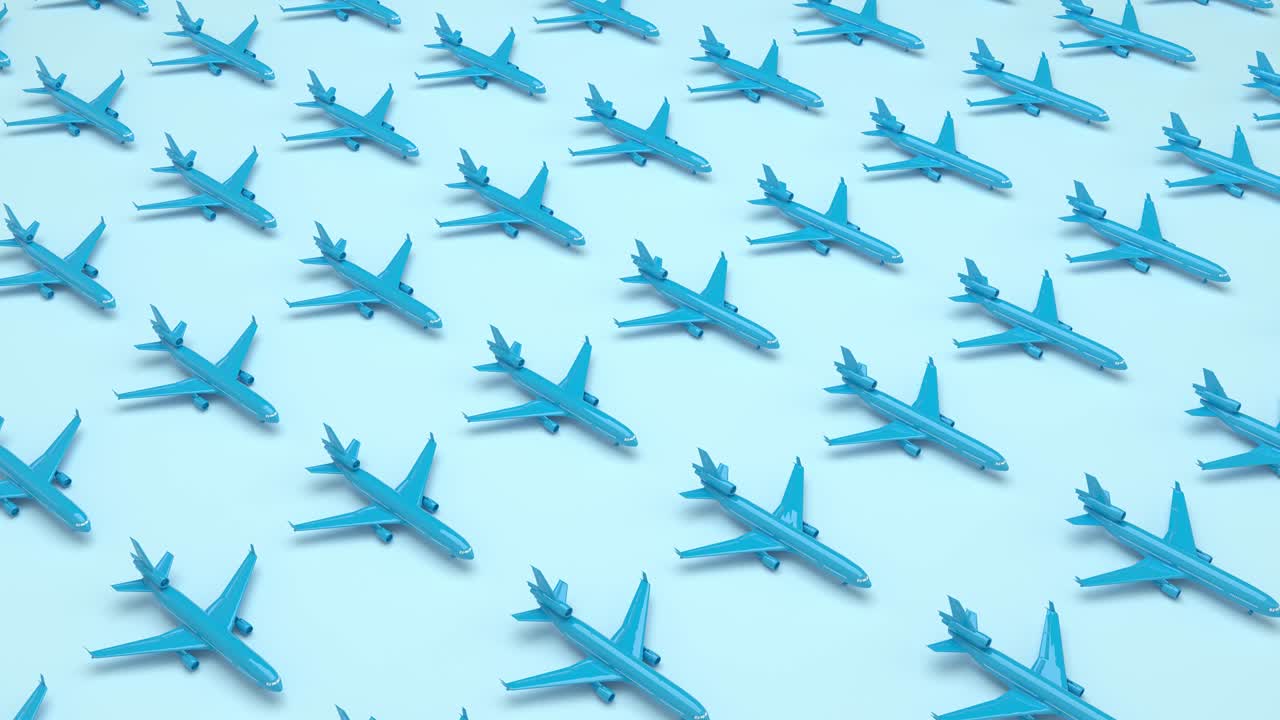 planos de patrón azul de bucle de 4k en el fondo azul. vista en perspectiva. isométrica mínima. concepto de viaje de avión. forma geométrica en colores pastel. movimiento lateral. animación de renderización 3d