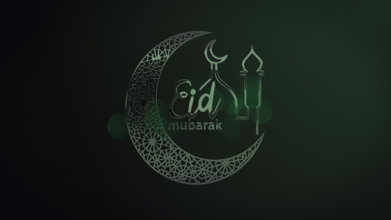 estrella fugaz sobre el texto de eid mubarak con luna creciente y mezquita contra un fondo verde