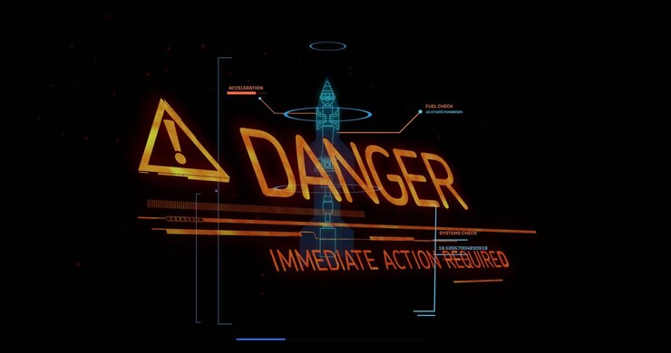 Orange scan lines starting HUD forming schematic and DANGER text showing IMMEDIATE ACTION REQUIRED