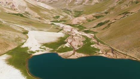 bird's eye view of arashan lake with panorama of mountains at daytime in uzbekistan