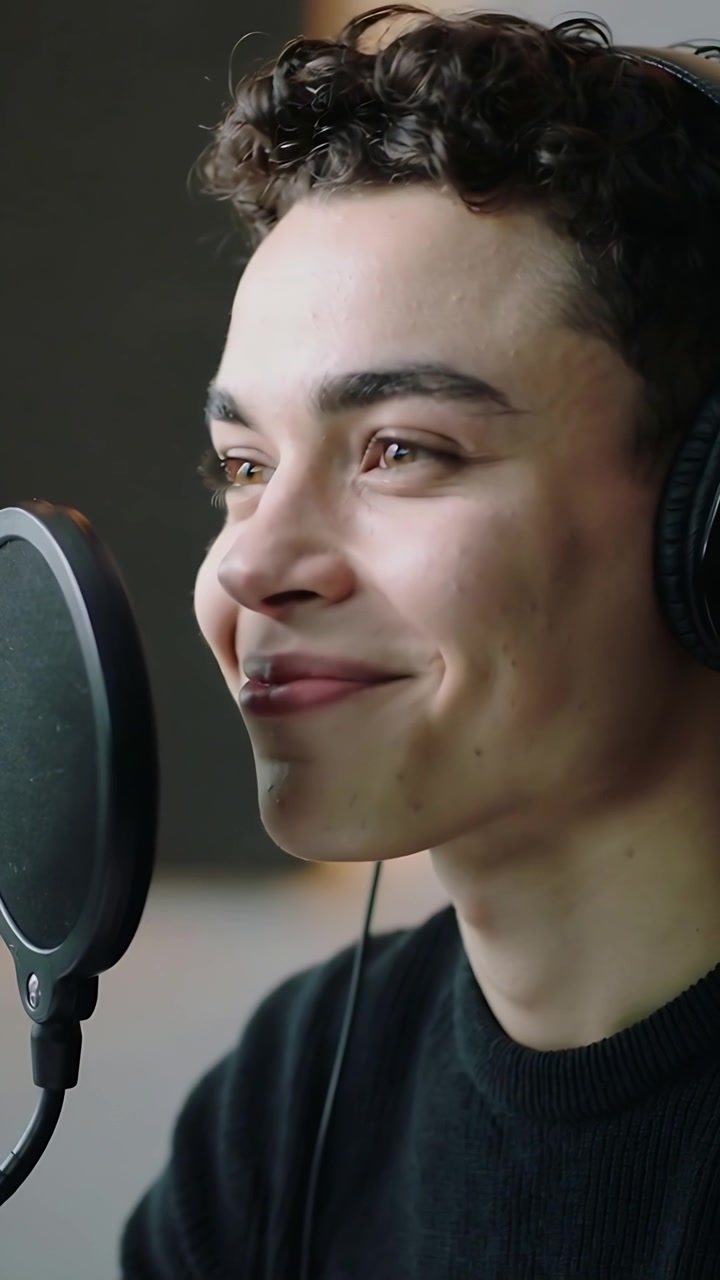 Video verticale: Cantante che canta a comando in studio, con cuffie e top scuro, mentre fa riscaldamento vicino al filtro anti-pop del microfono.