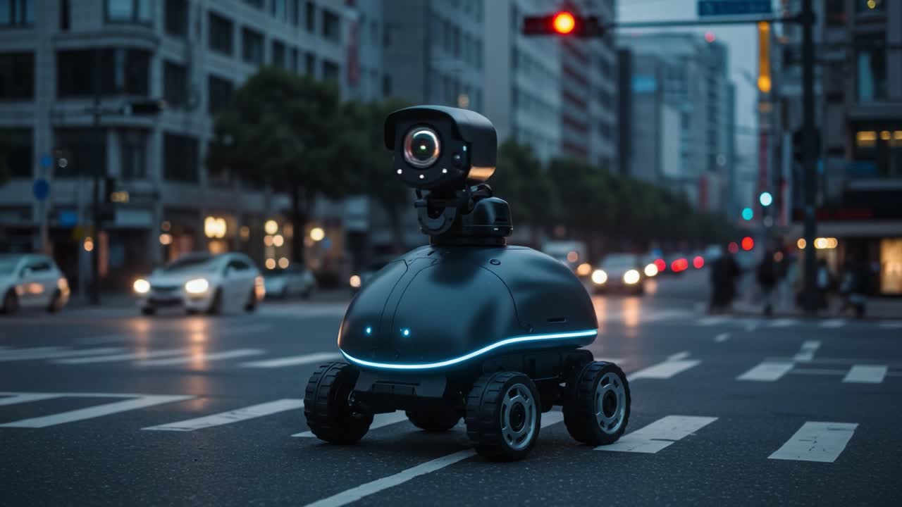 A Modern Surveillance Robot Navigating a Busy Urban Intersection at Dusk, Highlighting the Integration of AI and Technology in Daily Life