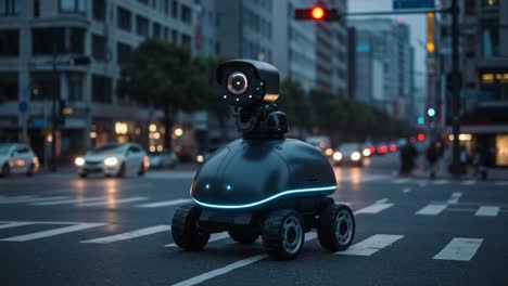 a modern surveillance robot navigating a busy urban intersection at dusk, highlighting the integration of ai and technology in daily life