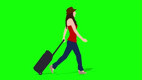 walking woman ( with travel bag ) cartoon animation. loop animation ( 4k video ).  green background for background transparent use.