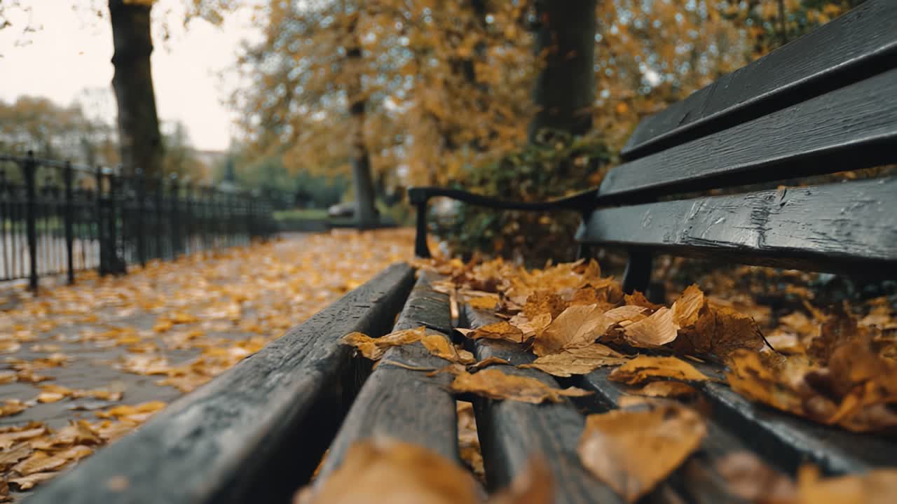 A Tranquil Autumn Scene: A Park Bench Adorned with Golden Leaves, Capturing the Essence of Fall's Serenity and Beauty in a Quiet Outdoor Setting