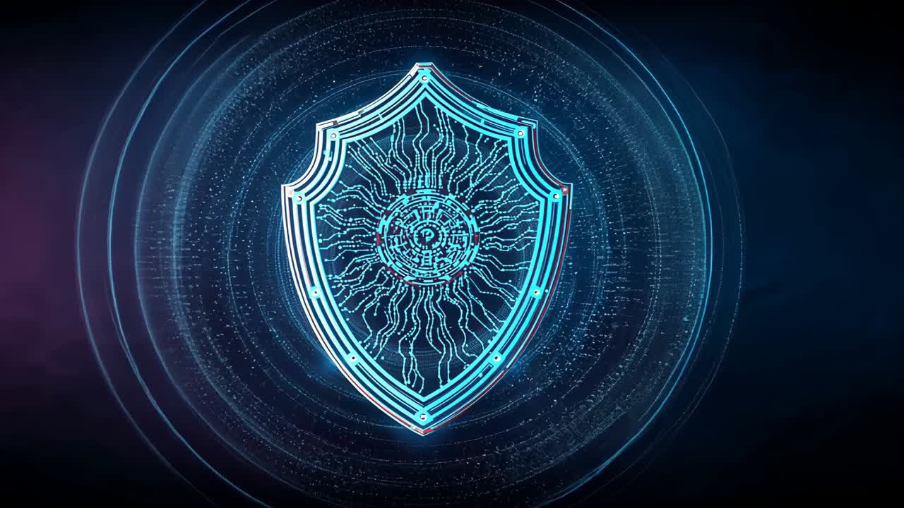 digital shield appearing center on stage, data sphere emerging behind rings pulsating then fading