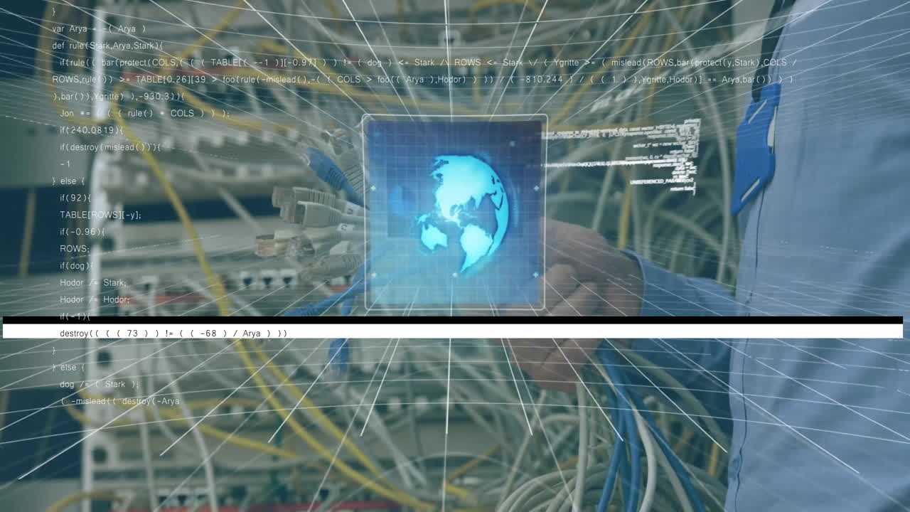 animación de diagramas, globo y procesamiento de datos sobre trabajador masculino caucásico en la sala de servidores