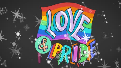 Animation-of-love-and-pride-text-with-rainbow-flag-and-white-stars-on-black-background