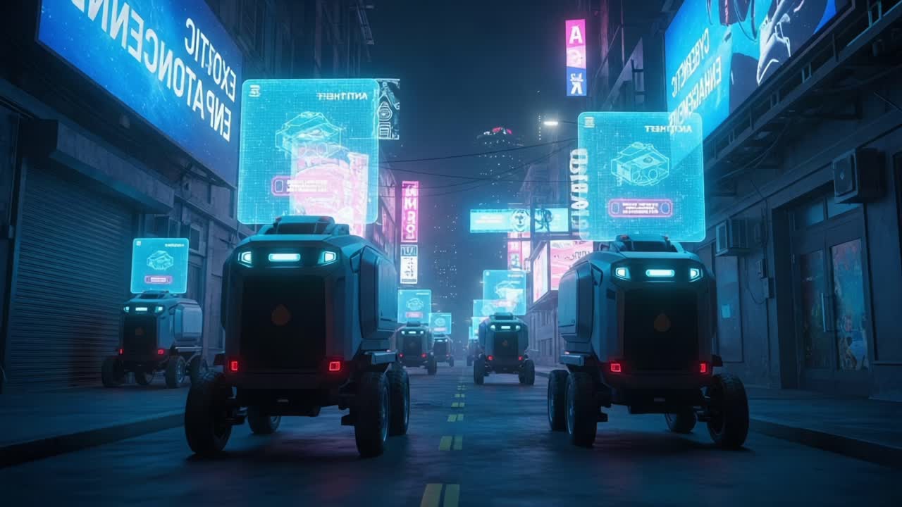 Futuristic Urban Landscape Featuring Autonomous Vehicles in a Neon-Lit City with Holographic Advertisements and Sci-Fi Elements