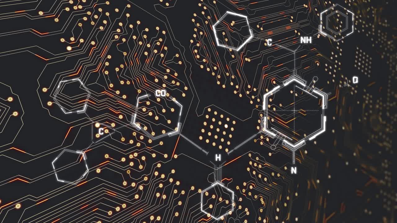 Animation of chemical formula over computer circuit board on black background