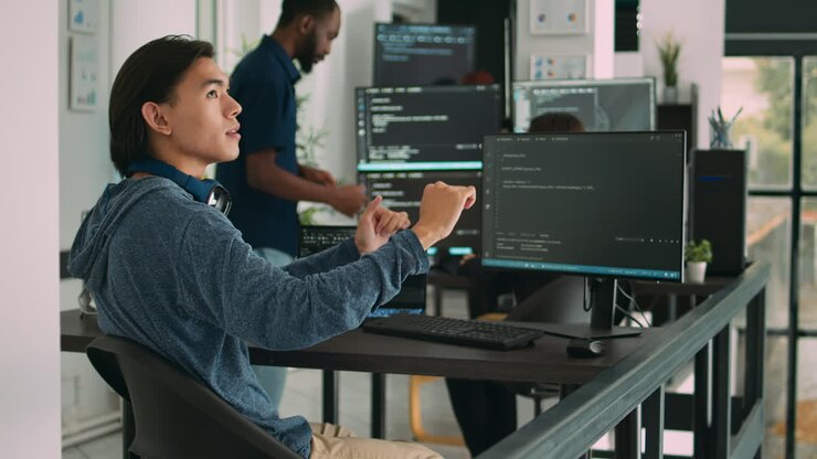 Asian web developer working with hologram and augmented reality