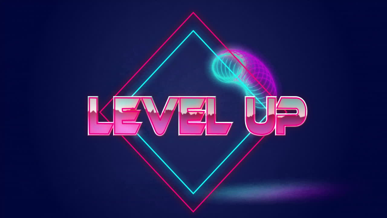 Level up text animation over blue shapes on dark background