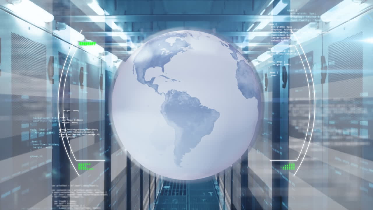 Animation of globe with data processing over server room