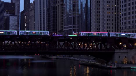 city skyline christmas holiday train over river