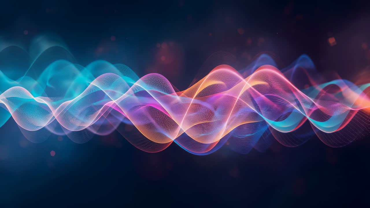 Light ribbon emerging, splitting into waveforms pulsing in cosmic scene with drifting particles