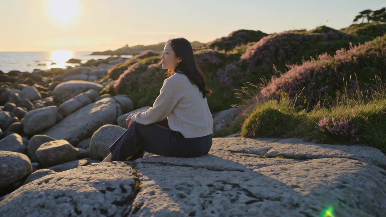 Donna seduta con maglione e pantaloni su una roccia piatta che guarda il tramonto su una costa rocciosa, con arbusti e un bagliore dell'obiettivo.