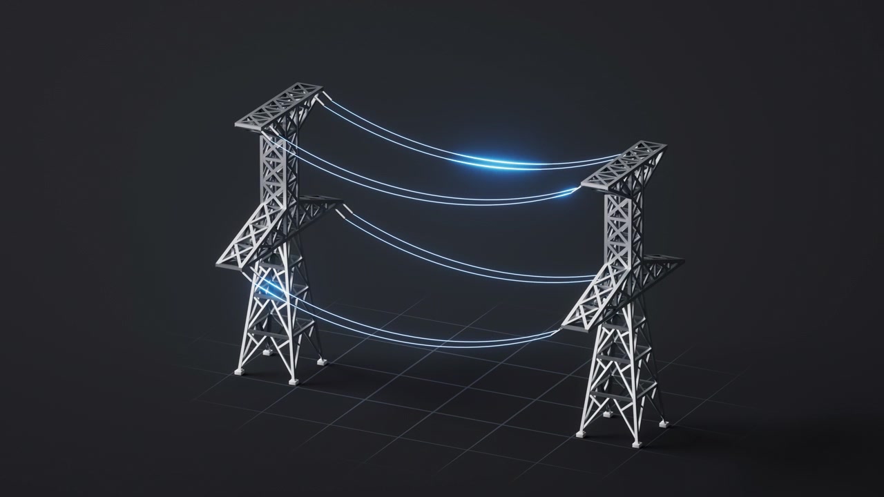 Kraftledninger mellom høyspentmastene, 3D-gjengivelse