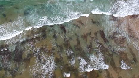 Tropical-Turquoise-water-with-rocks-visible-under-the-waves,-top-down-drone-view