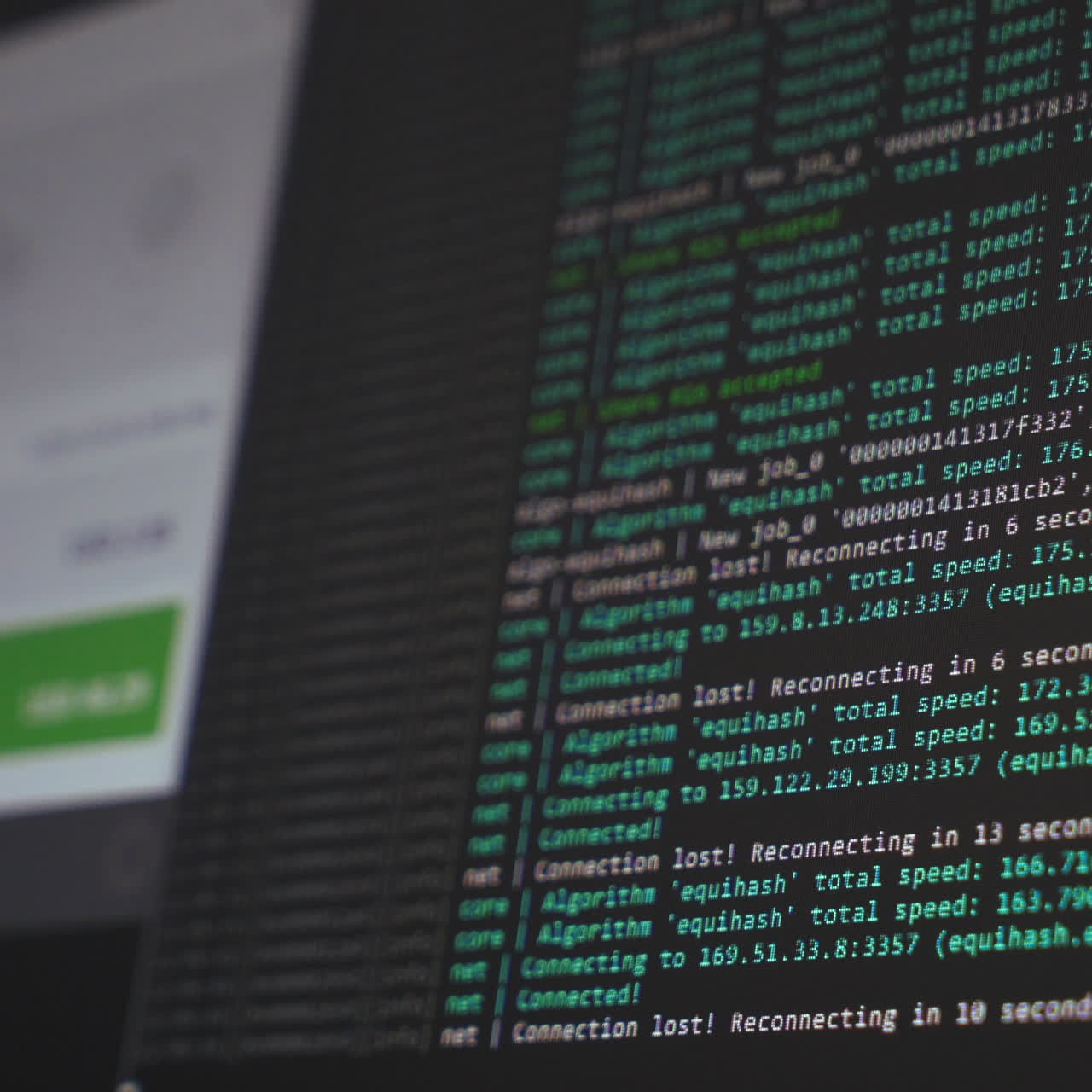 Screen display of cryptocurrency mining. Crypto farm. Mining farm. Software code