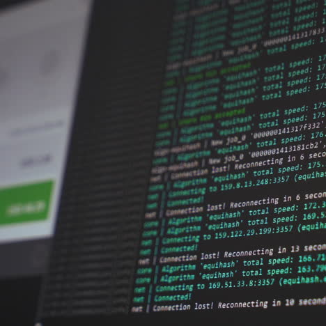 screen display of cryptocurrency mining. crypto farm. mining farm. software code