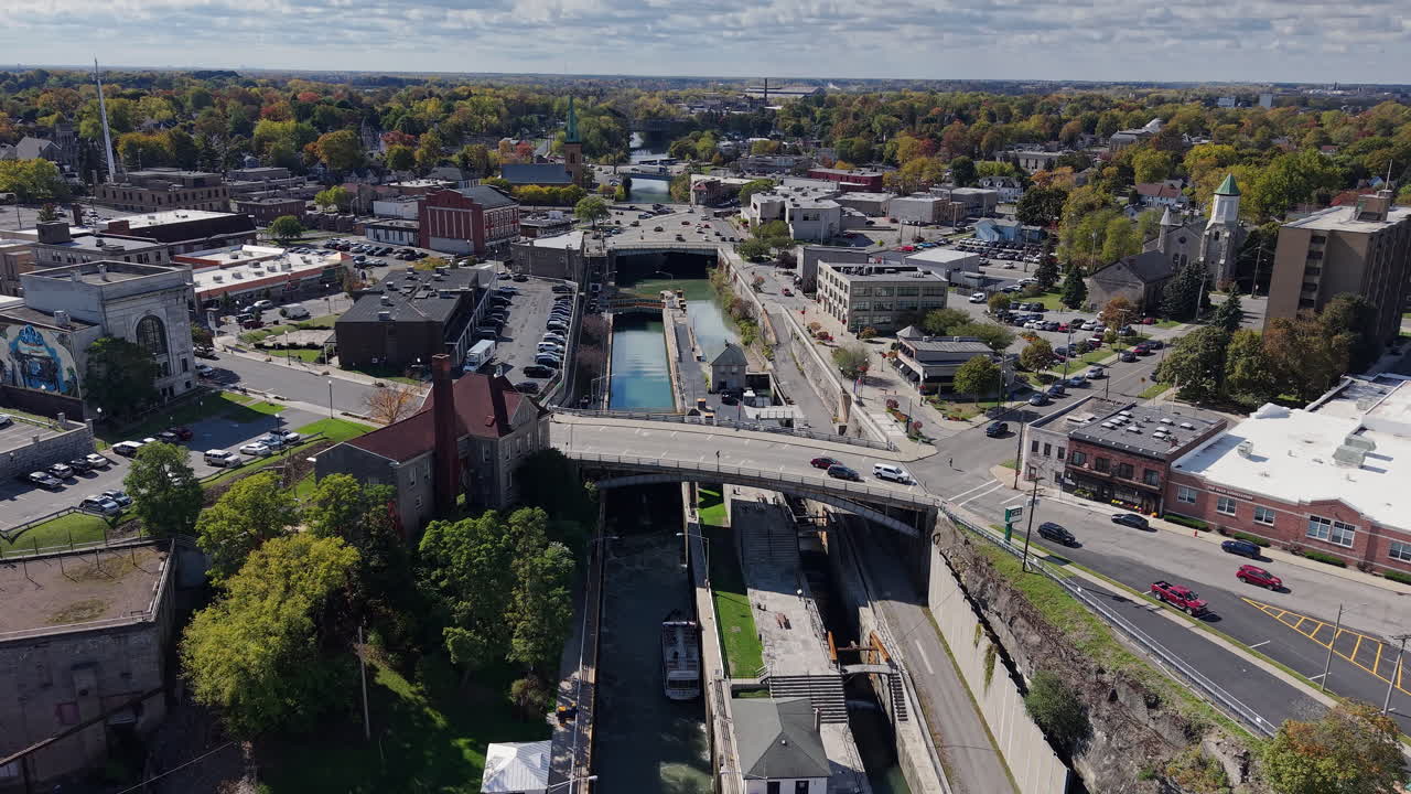 Aerial panoramic view of Erie Canal locks in Lockport, New York, USA with historic lock system and downtown skyline