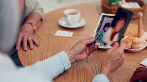 family, memory and hand with a photo at tea