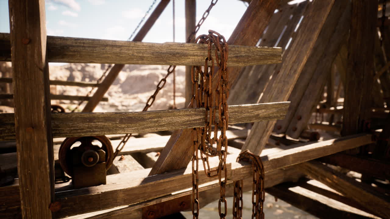 Weathered wooden structure with rusty chains at a construction site in daylight