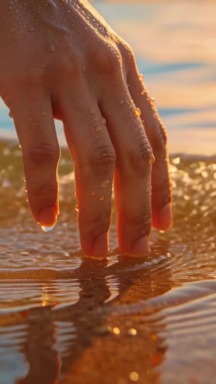 Vertical video: Fingertips making contact, hand pressing into sand at shallow water, making ripples