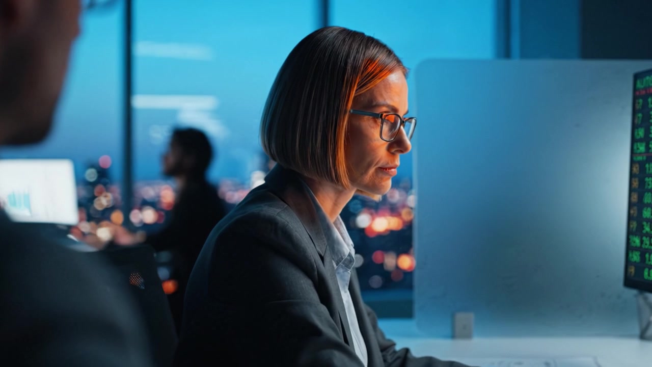Focused Professional Reviewing Stock Market Data at Dusk with City Lights in the Background, Displaying Financial Information and Analysis Metrics