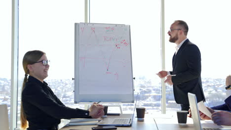 businessman speaking to a partners. entrepreneur in suit showing on a written board while talking about the new strategy in office centre in the city.