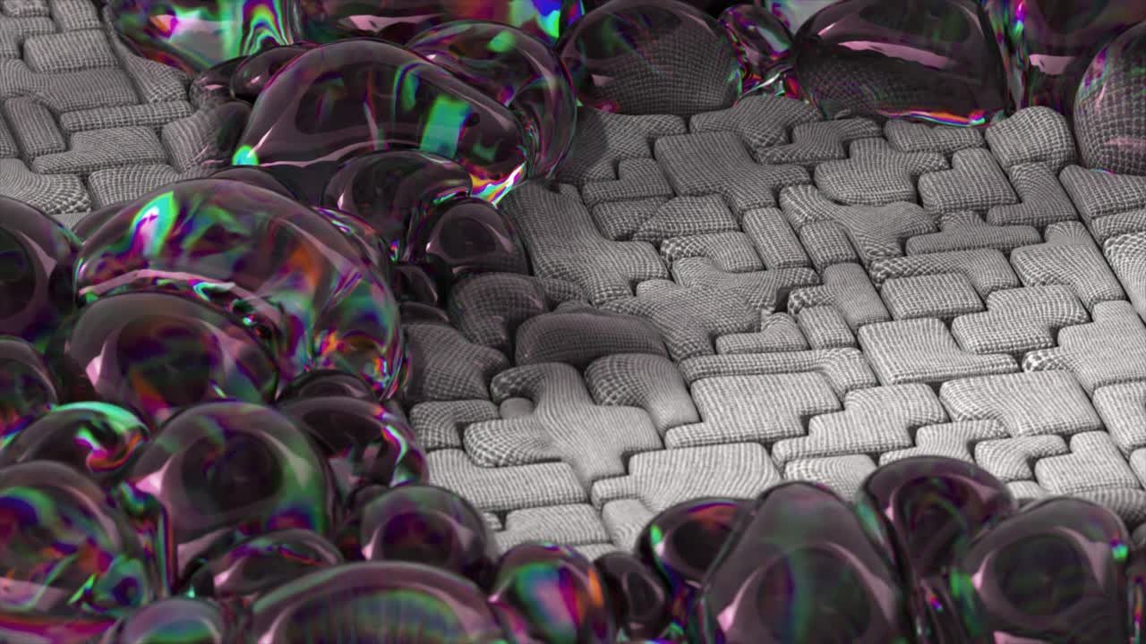 Abstract 3D Render of Iridescent Bubbles on a Geometric Surface