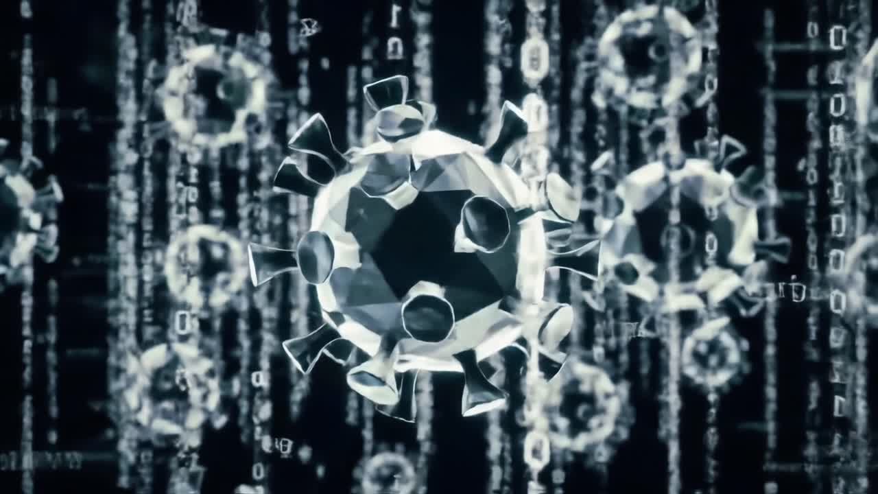 Visual Representation of Viral Particles Surrounded by Digital Code Symbolizing the Intersection of Biology and Technology in Modern Research