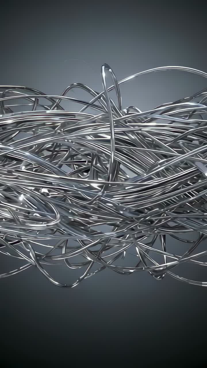 Vertical video: Rotating metallic wires under moving light in studio, shifting highlights