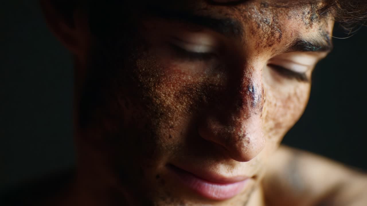 Um retrato em close-up de um jovem com um rosto texturizado e rústico, revelando os detalhes complexos de elementos naturais, mostrando a beleza através de traços brutos e orgânicos sob uma iluminação suave