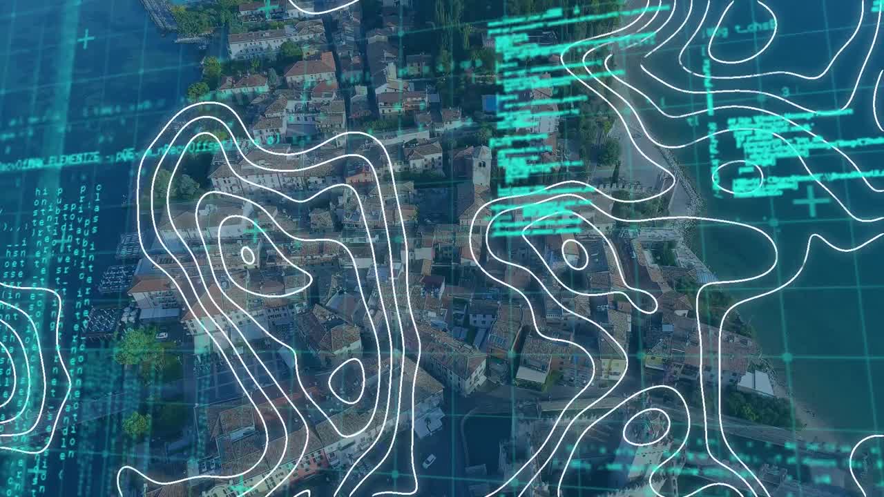 Animation of data processing and moving shapes over cityscape