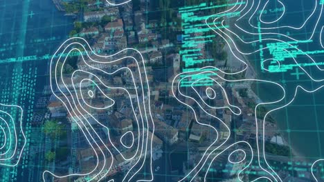 Animation-of-data-processing-and-moving-shapes-over-cityscape